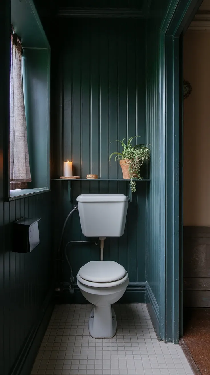 This moody small bathroom features dark green walls, a white toilet, and soft lighting, creating an inviting atmosphere enhanced by a potted plant and candle on the wall-mounted shelf.