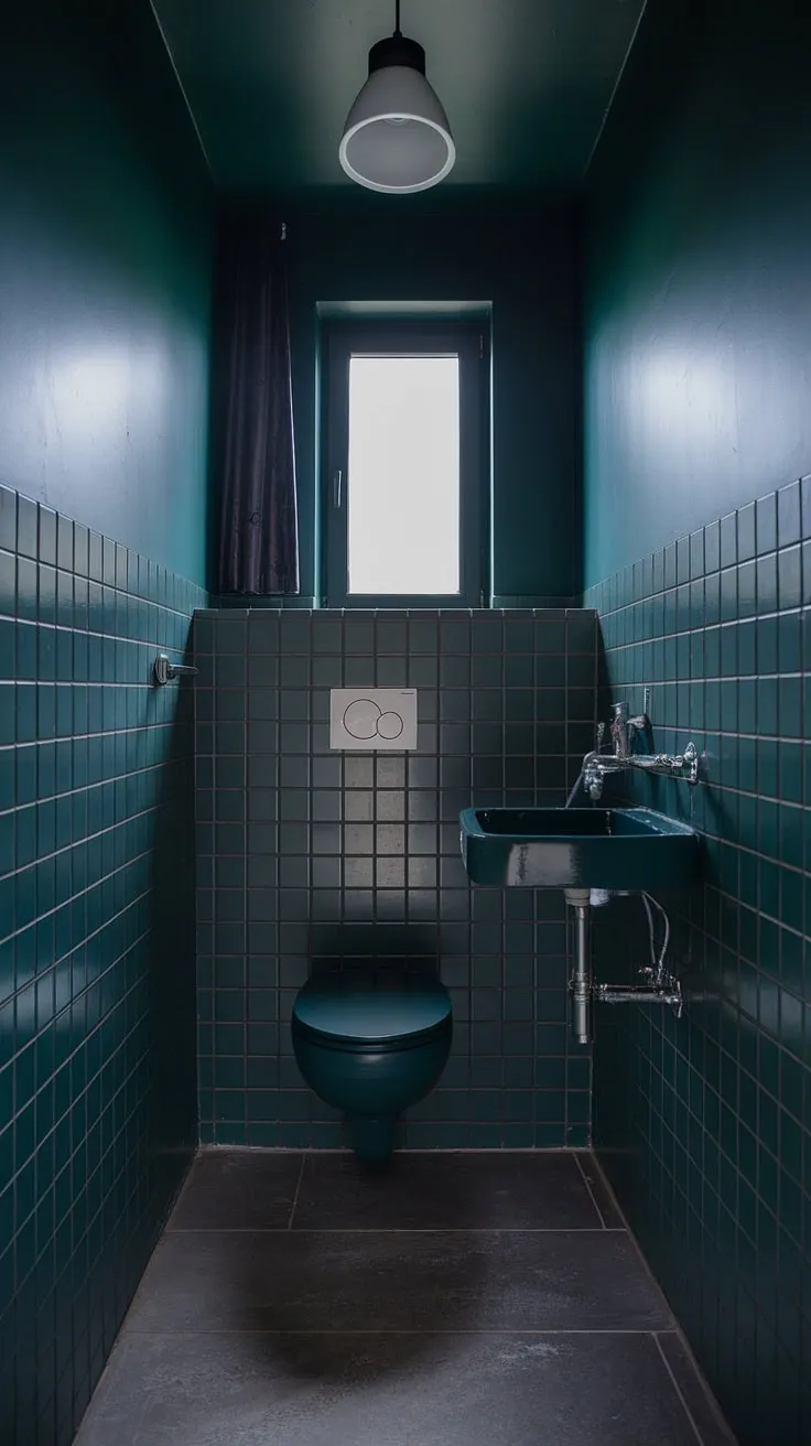 The small dark bathroom showcases a dark green hue with a wall-mounted sink and a cozy window, perfect for a stylish toilet room decor.