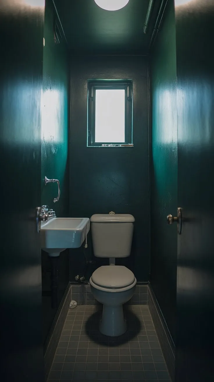 This moody small bathroom features dark green walls, a white sink, and soft lighting, creating an inviting atmosphere in a compact space.