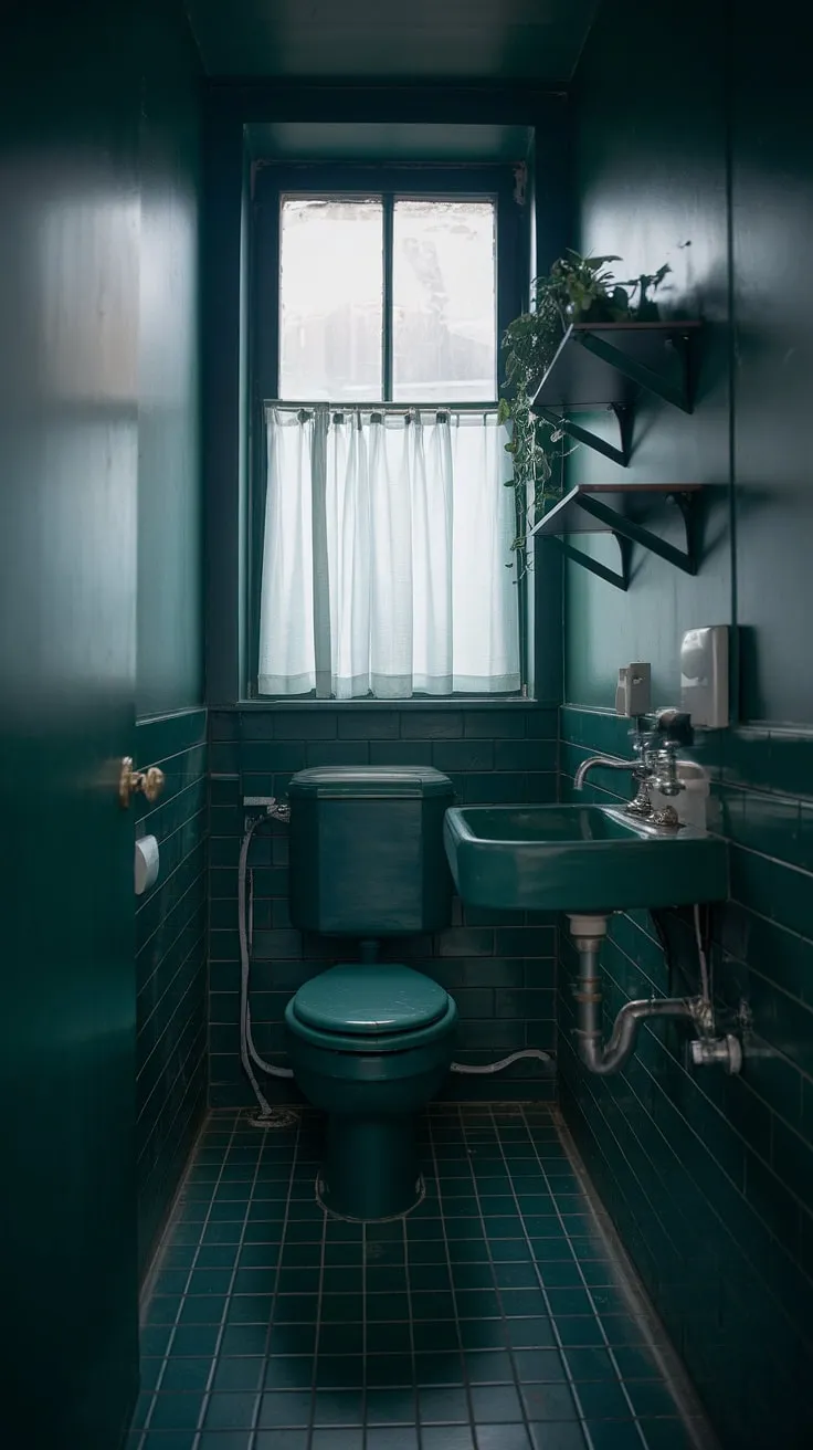 This moody small bathroom features dark green walls and tiles, creating a cozy atmosphere enhanced by soft lighting and a touch of greenery.