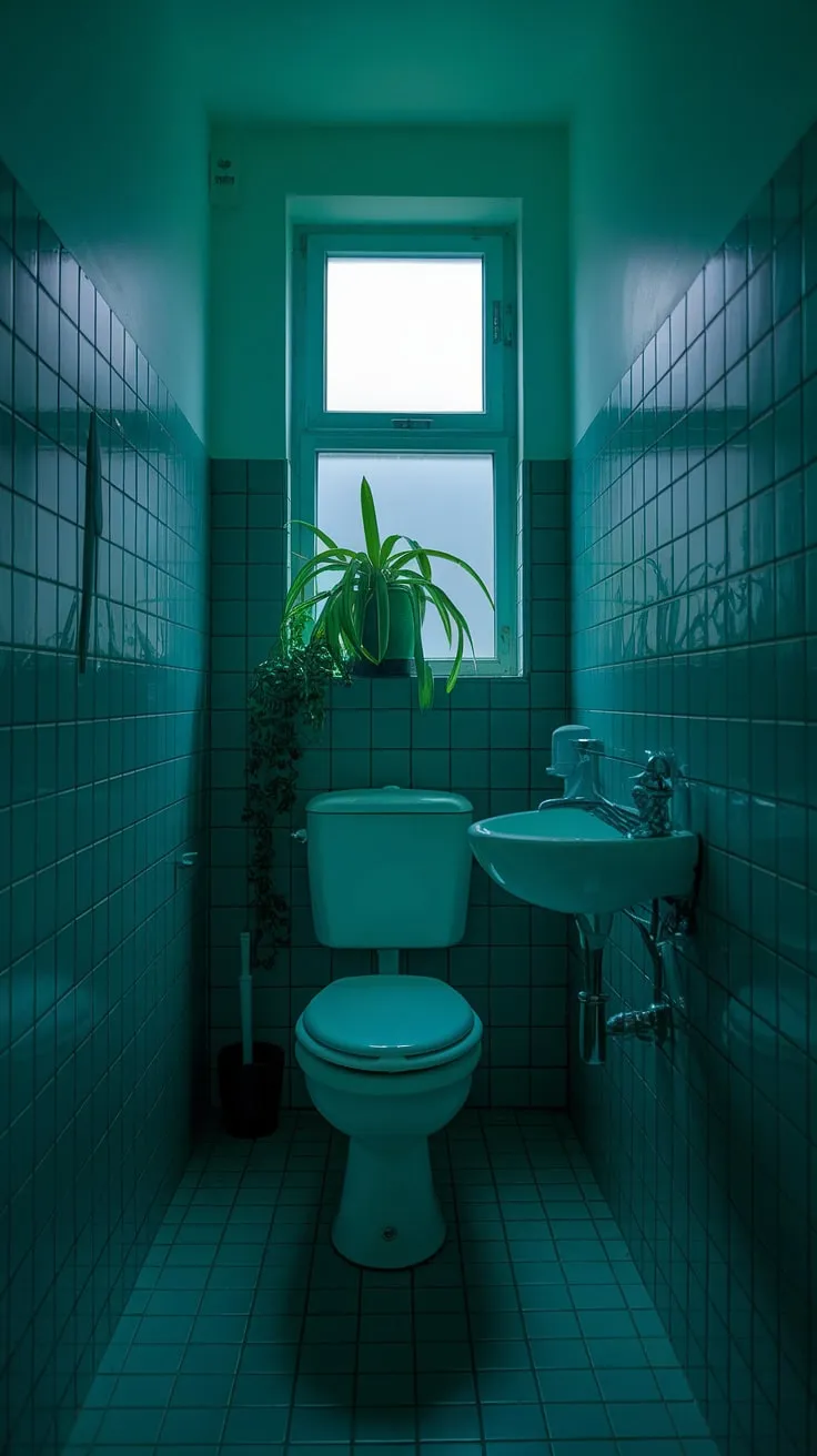 The small dark bathroom, adorned with dark green tiles and gentle lighting, offers a stylish and cozy retreat for toilet room decor.