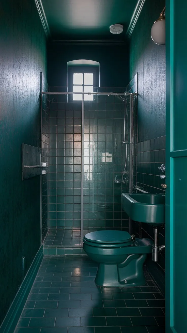 The dark green hues in this small bathroom enhance its moody charm, making it a stylish retreat for toilet room decor.