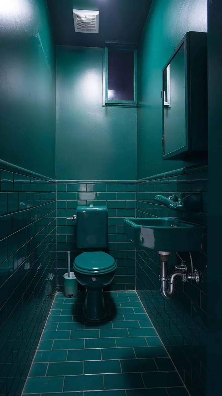 This moody small bathroom features a dark green palette with matching tiles and fixtures, creating an inviting atmosphere in the compact toilet room.