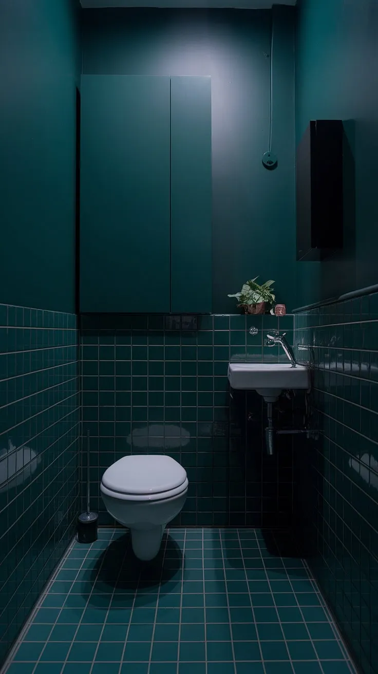 The dark green walls and tiled floor create a captivating atmosphere in this small, moody bathroom with a toilet room and elegant decor.