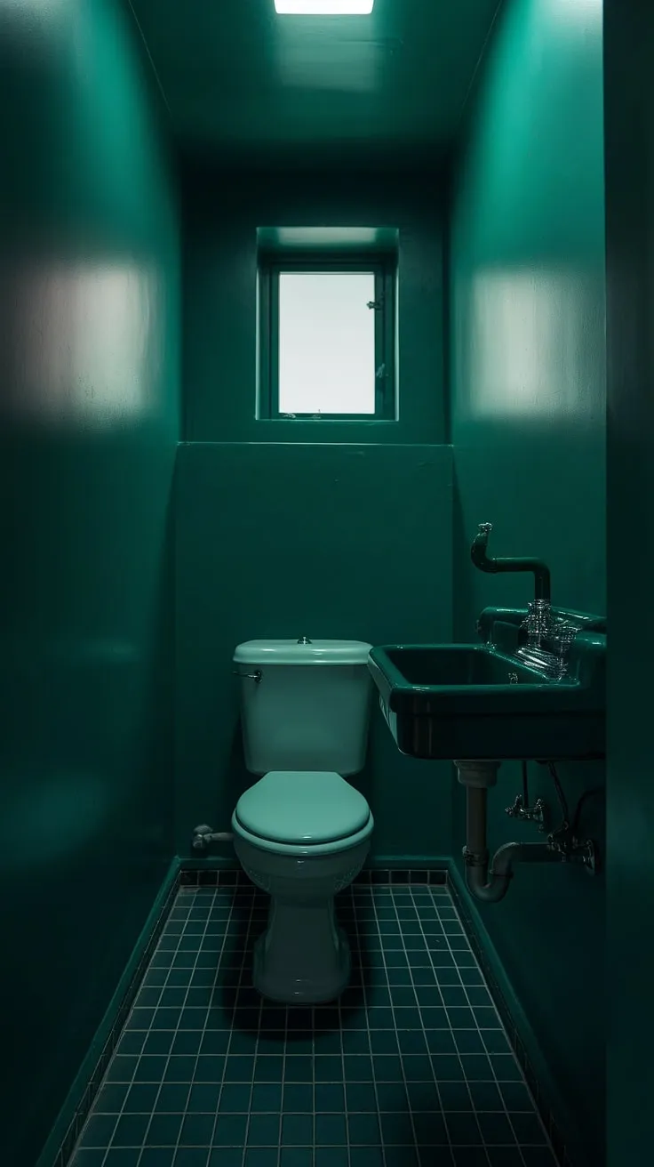This moody small bathroom features dark green walls, a white toilet, and a stylish sink with a matching faucet, all enhanced by soft lighting and a black-and-white tiled floor.