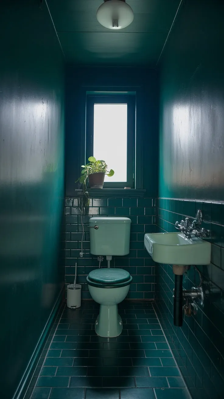 The dark green hue of this small bathroom, complete with a toilet and sink, enhances its moody charm while a potted plant adds a touch of life.