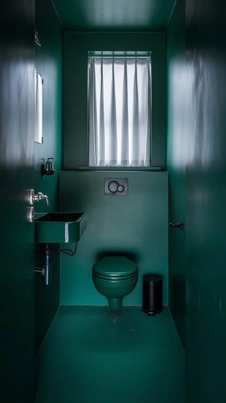 This moody small bathroom features a dark green sink and toilet, complemented by soft lighting and white accents, creating an inviting atmosphere in a small dark space.