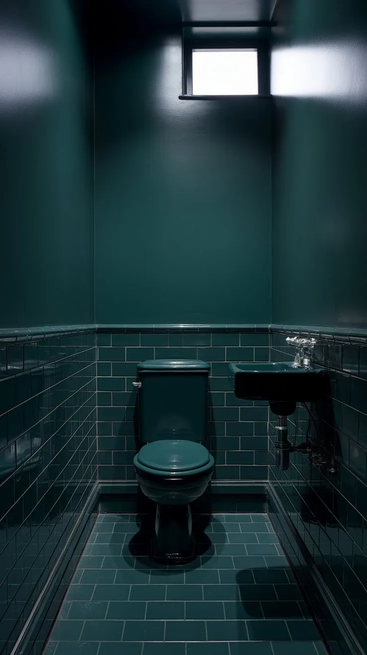 This moody small bathroom features a dark green color scheme, with dark green tiles and soft lighting that enhance the intimate atmosphere of the small toilet room.