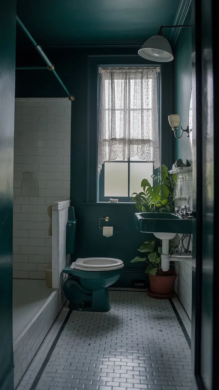 This moody small bathroom features dark green walls, vintage decor, and soft lighting, creating an inviting atmosphere for a small toilet room.