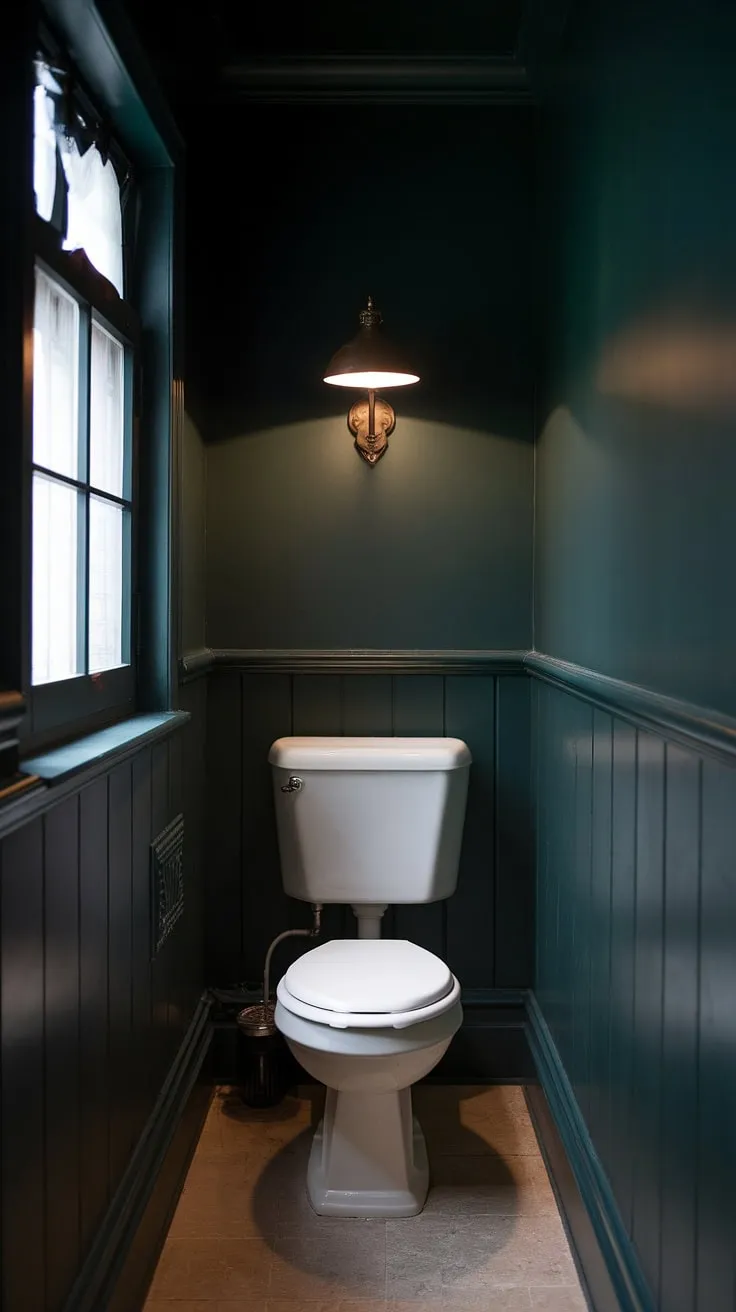 The small dark bathroom showcases a rich dark green design with a white toilet and elegant lighting, perfect for a cozy toilet room decor.