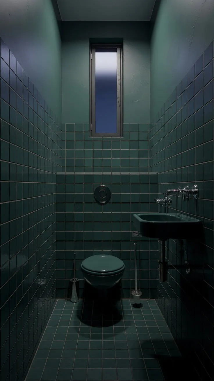 The dark green tiles and limited light transform this small bathroom into a stylishly moody space perfect for toilet room decor.