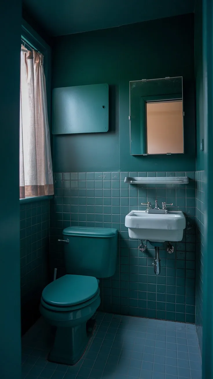 The small dark bathroom showcases a dark green palette, complete with a toilet room decor that highlights its cozy and moody atmosphere.