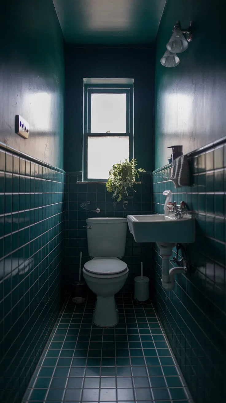 This moody small bathroom features dark green walls, a stylish toilet room decor, and soft lighting that enhances its intimate atmosphere.