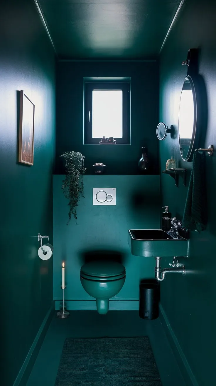 This moody small bathroom features dark green walls, soft lighting, and stylish decor, creating an inviting atmosphere in a compact toilet room.