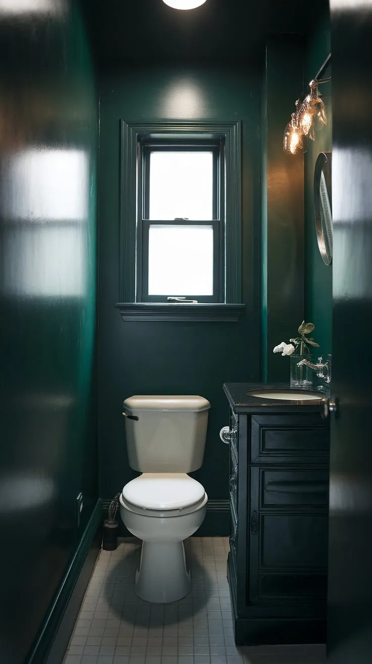 The small dark bathroom, adorned with dark green walls and a stylish vanity, creates a captivating moody space perfect for toilet room decor.