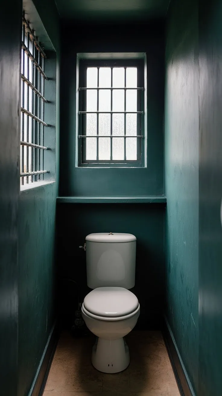 The small dark bathroom, adorned with dark green walls and a white toilet, exudes a moody charm enhanced by natural light filtering through a barred window.
