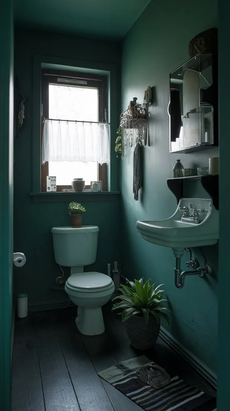This moody small bathroom features a dark green hue, dark wood flooring, and stylish decor, creating an inviting atmosphere in a compact toilet room.