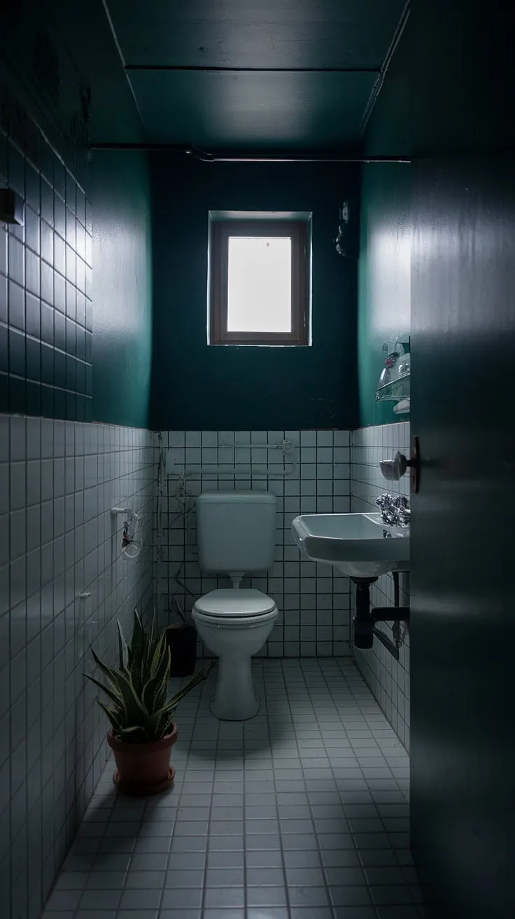 The dark bathroom, adorned with dark green walls and a potted plant, transforms a small toilet room into a cozy retreat with its dim lighting.