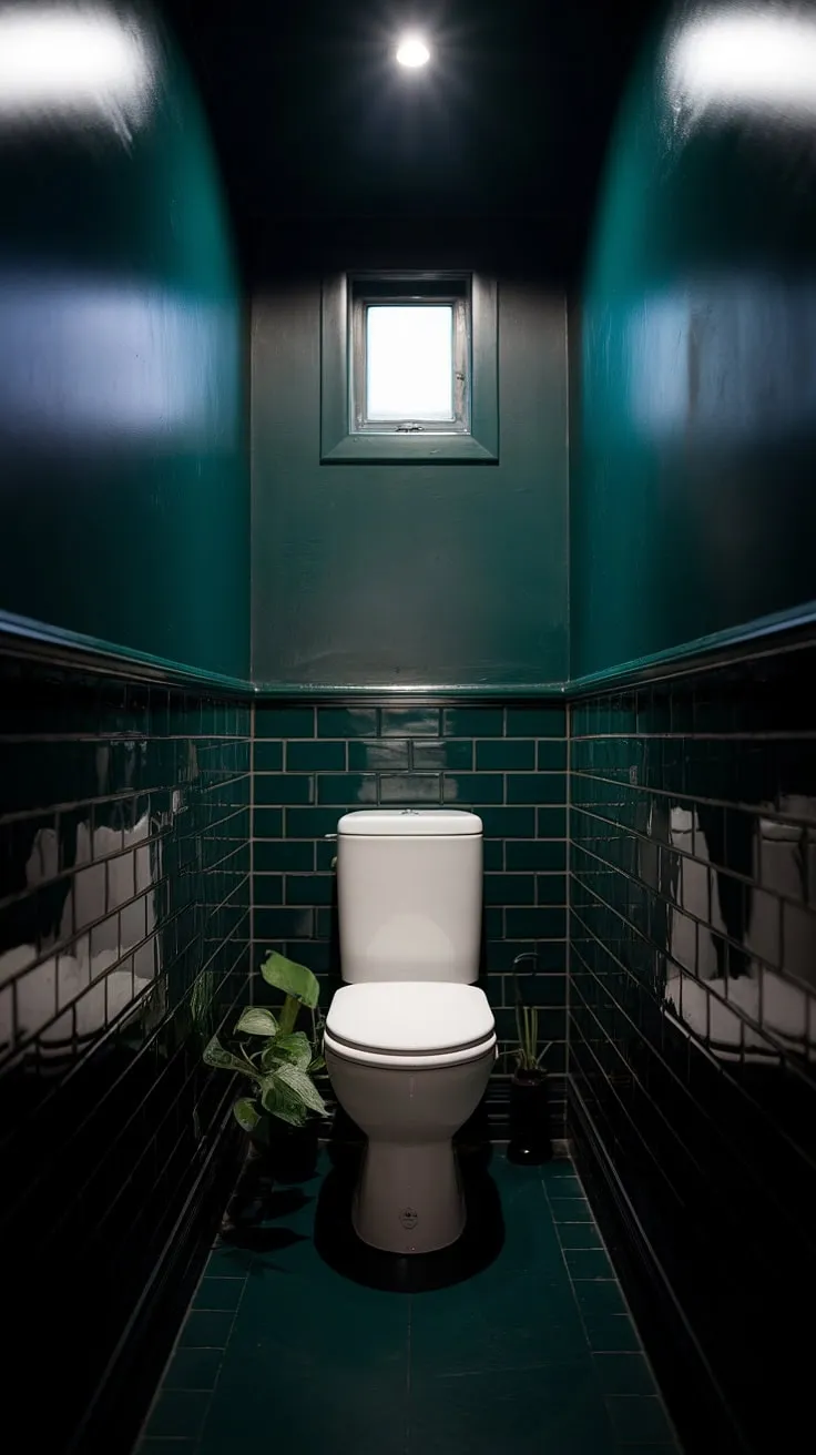 This moody small bathroom features dark green walls and tiles, a white toilet, and a potted plant, creating an inviting atmosphere despite its small size.