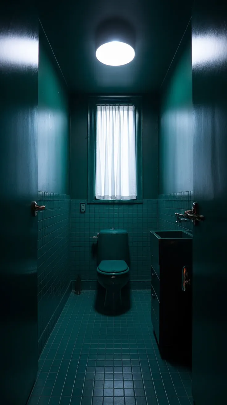 A moody small bathroom featuring a dark green theme and dim lighting creates a tranquil retreat with its small toilet room and stylish decor.