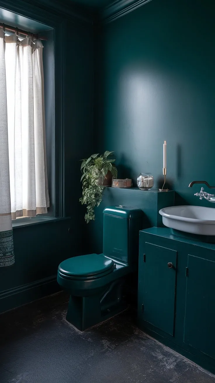 This moody small bathroom features dark green walls and a matching toilet, complemented by a white sink and natural accents, creating a stylish dark bathroom retreat.