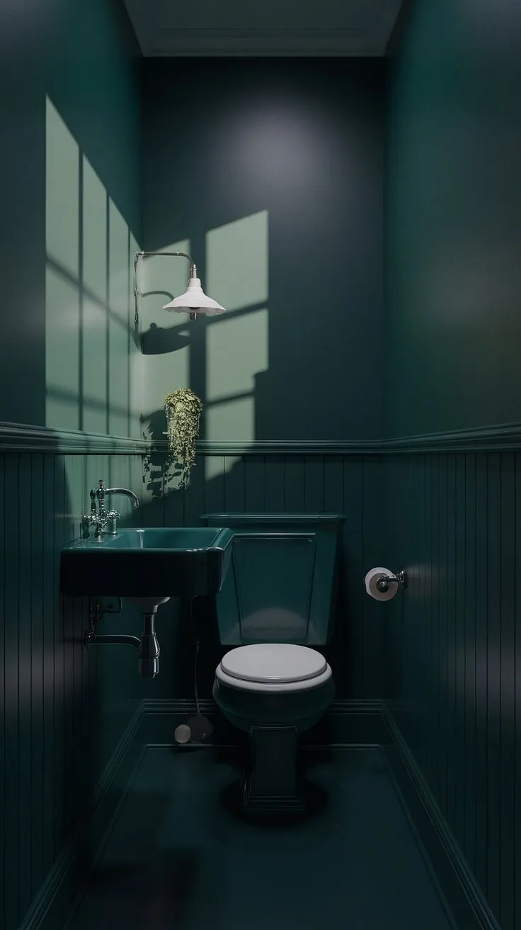 The dark bathroom showcases a stylish blend of dark green decor and vintage elements, perfect for a cozy small toilet room.