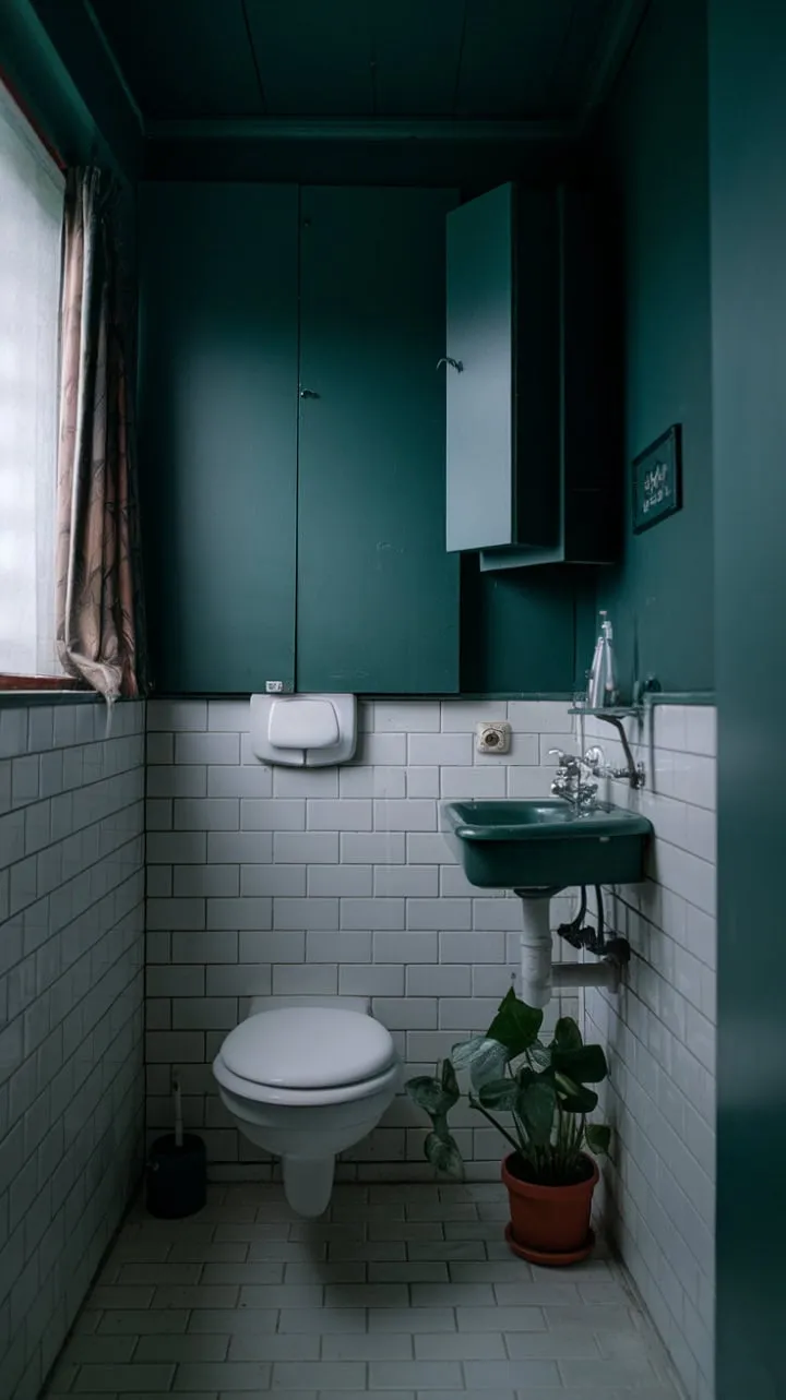 In this intimate bathroom, soft light and subtle shadows create a serene sanctuary, enlivened by a solitary potted plant amidst the dark green walls.