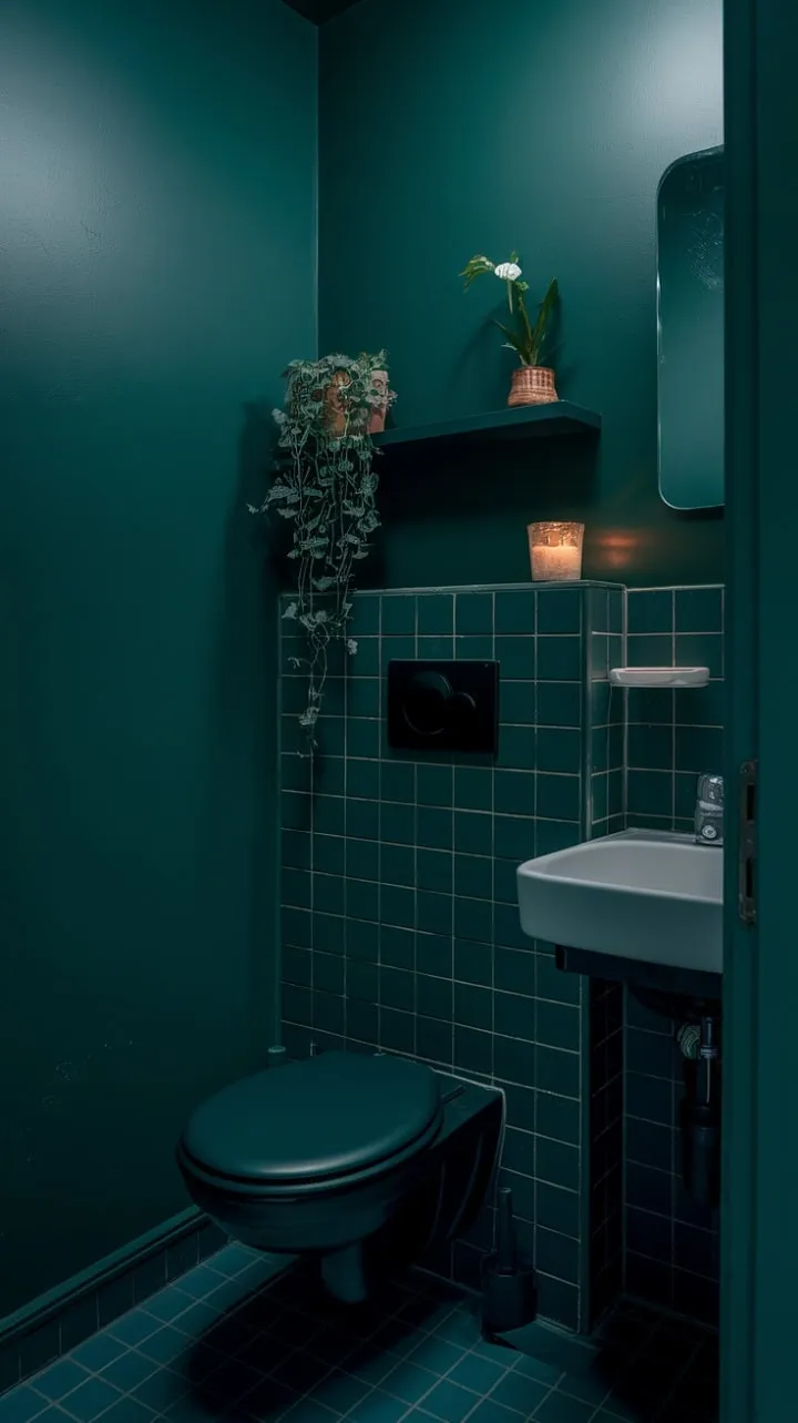 In a sanctuary of calm adorned with dark green walls and soft light, every detail whispers elegance, from a flickering candle to a potted plant.