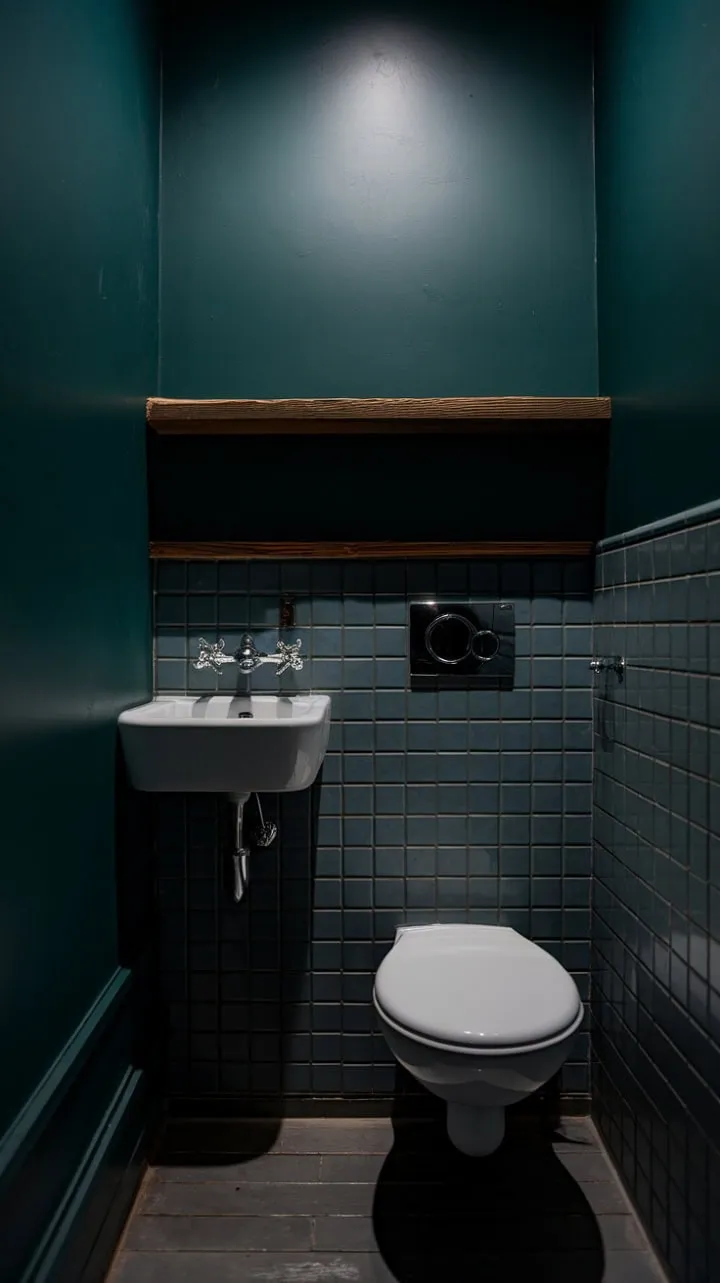 In this intimate bathroom, deep green walls and soft lighting harmonize with a simple white sink and wooden shelf, crafting a sanctuary of moody elegance and understated luxury.