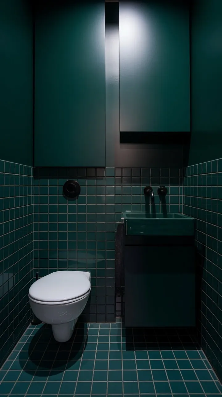 This tranquil dark green sanctuary harmoniously blends style and serenity, featuring elegant white fixtures against rich cabinetry for a perfect escape.