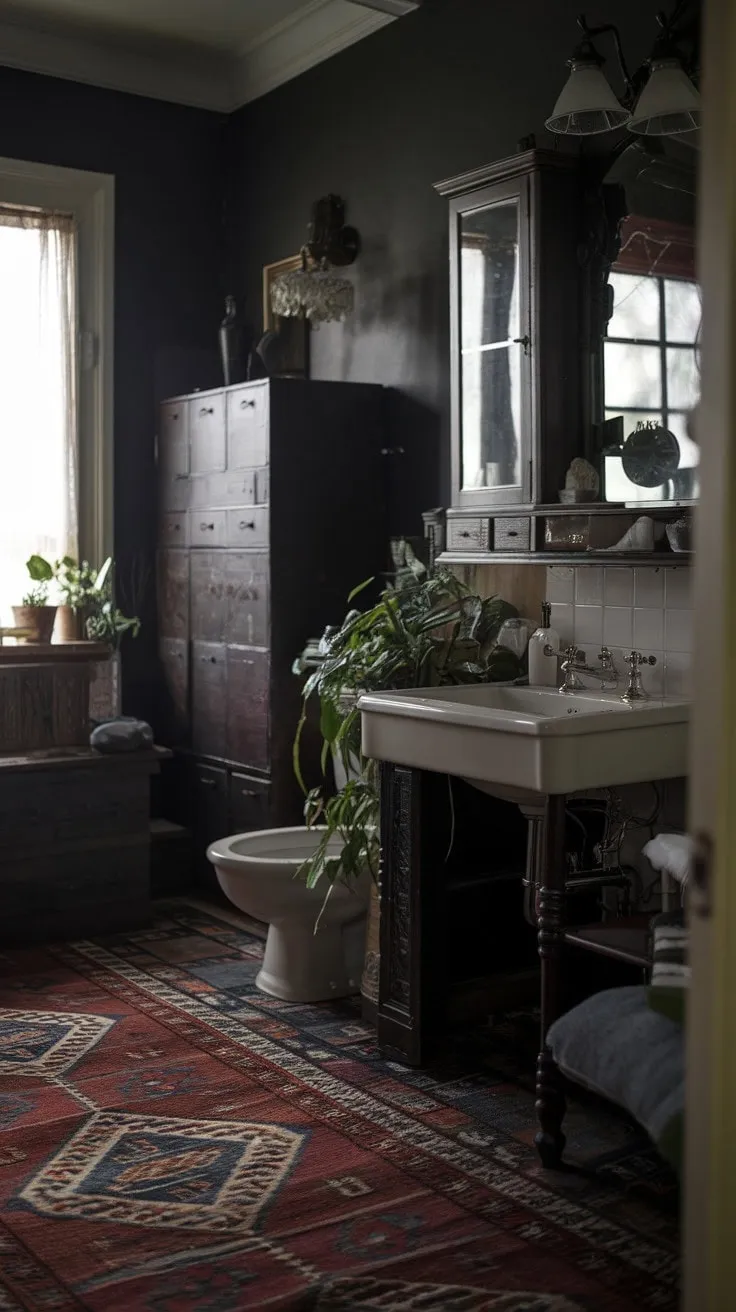 Bathed in dark wood and soft light, this vintage bathroom exudes a serene elegance, inviting you into a sanctuary of understated luxury.