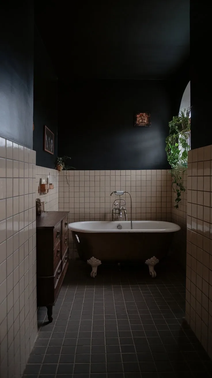 Step into a serene sanctuary where dark academia and bohemian charm intertwine in a vintage bathroom, inviting you to unwind in its elegant, dimly lit embrace.