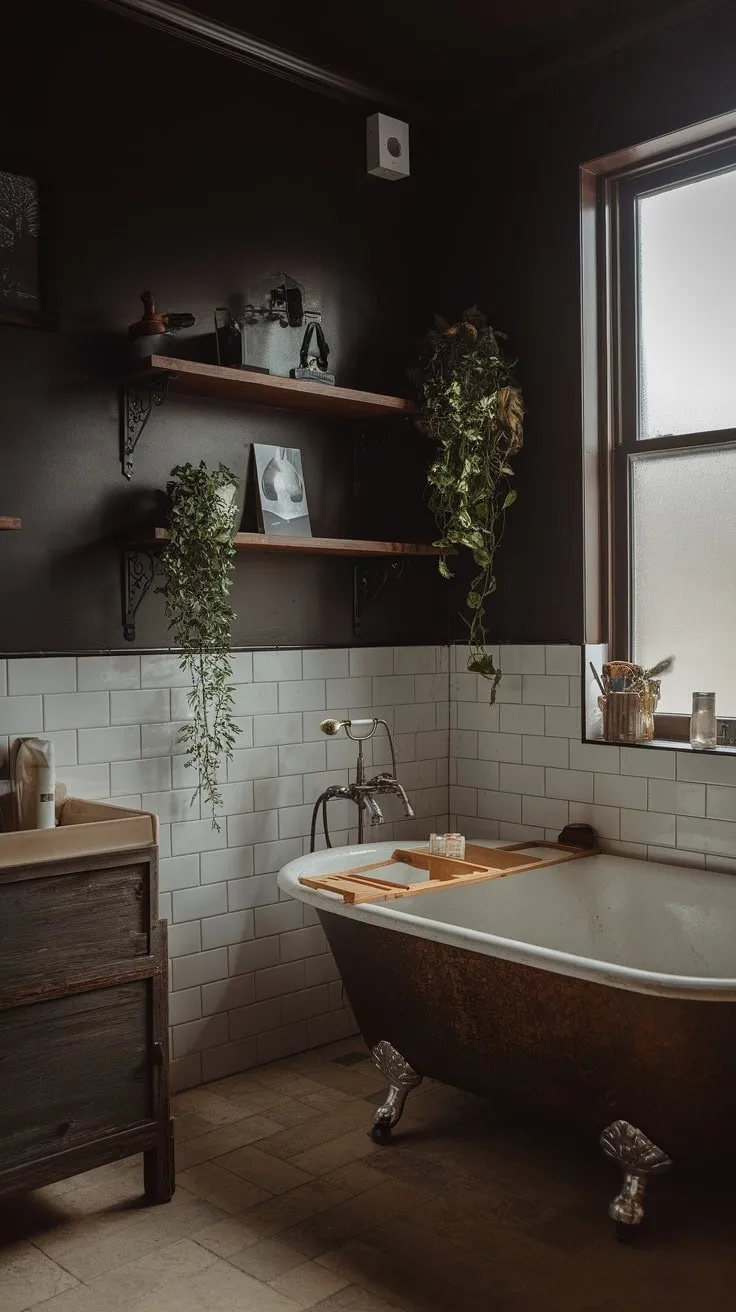 This vintage bathroom, adorned with dark boho accents and a rust-colored clawfoot tub, offers a serene sanctuary of quiet luxury and dark academia charm, infused with the scent of old books and blooming plants.
