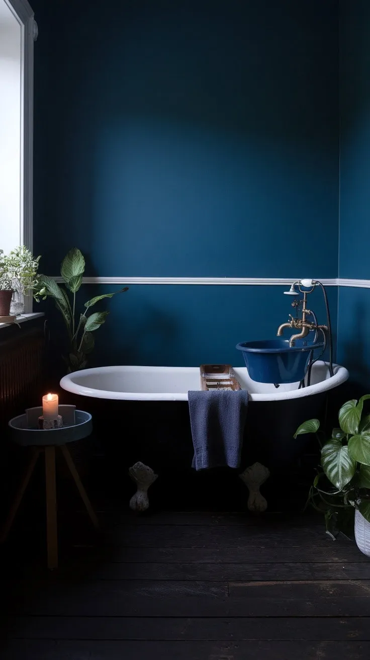 This enchanting bohemian bathroom, adorned with rich blue tones and antique charm, offers a luxurious retreat bathed in soft light and surrounded by lush greenery.