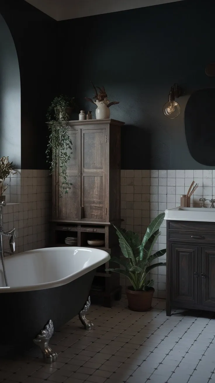 In this enchanting sanctuary, dark boho elements and vintage textures weave a tapestry of serene mystery and timeless elegance.