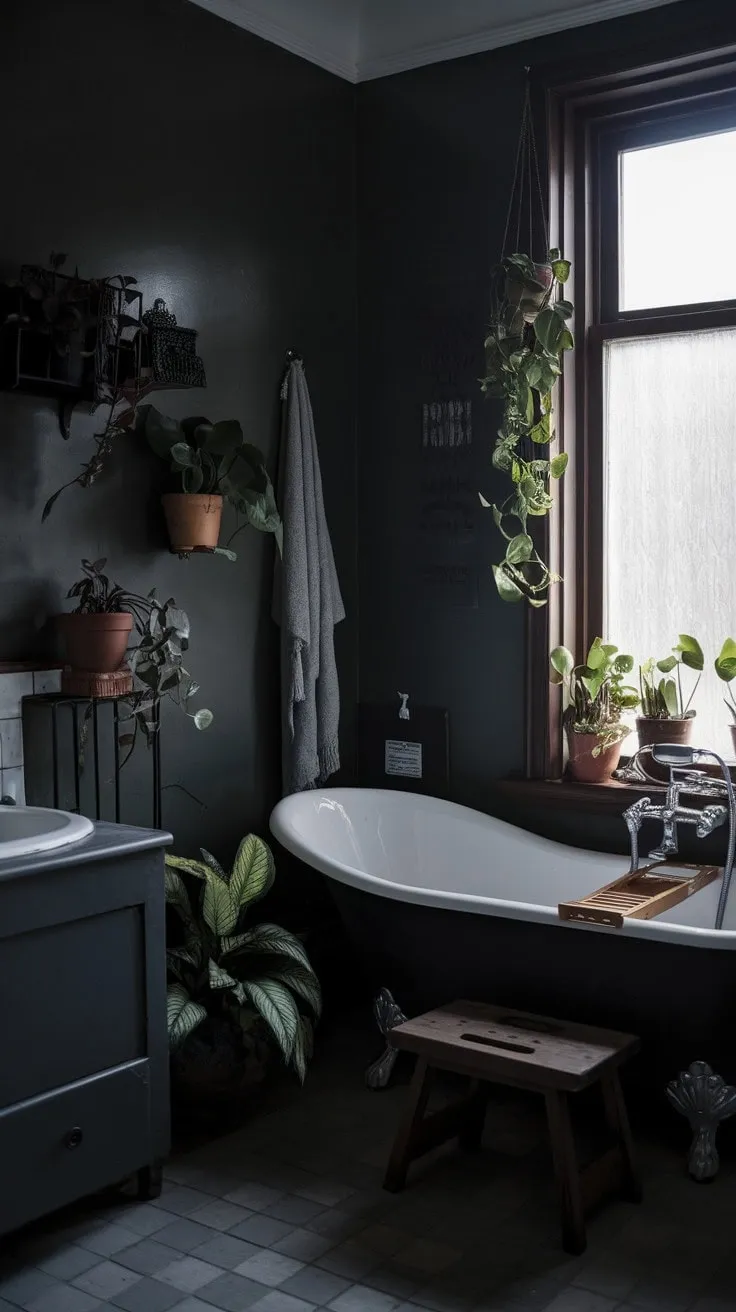 Experience a serene retreat in this dark boho bathroom, where vintage allure and modern tranquility unite around a beckoning freestanding tub amidst lush greenery.