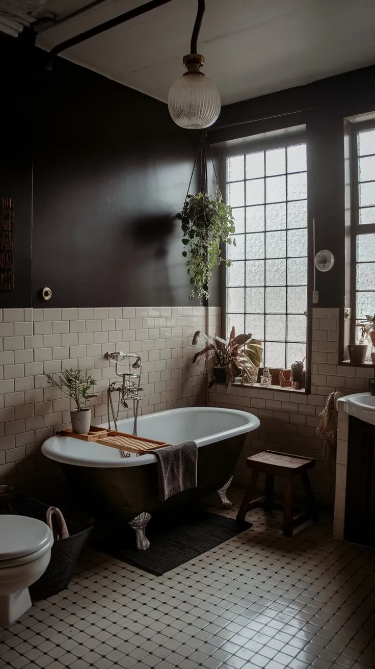 Step into a bohemian bathroom retreat where aged elegance and organic beauty converge, offering a serene escape with a dramatic freestanding tub and enchanting details.