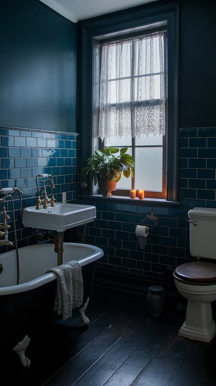 The dark boho bathroom showcases a vintage sink and freestanding tub against deep blue tiles, perfectly blending dark academia and goth elements for a strikingly moody retreat.
