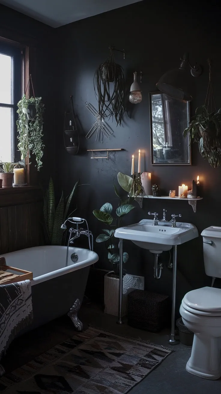 This moody vintage bathroom, featuring dark boho decor and a dark academia ambiance, showcases a freestanding bathtub and vintage sink surrounded by plants and soft lighting.