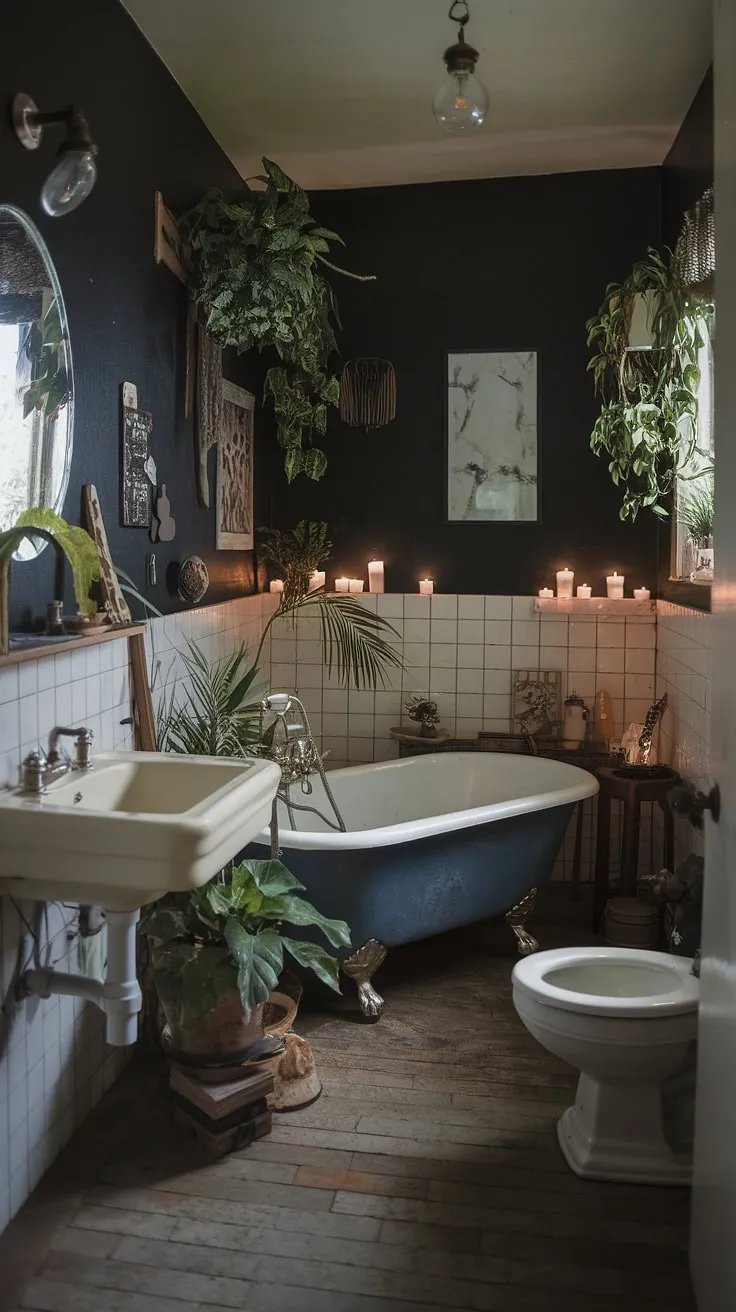 This moody vintage bathroom features dark boho decor with plants and candles, creating a captivating dark academia atmosphere.