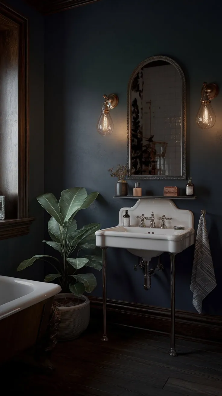 The dark boho bathroom showcases a vintage aesthetic with dark wood flooring, a potted plant, and soft lighting, creating an inviting yet mysterious atmosphere.
