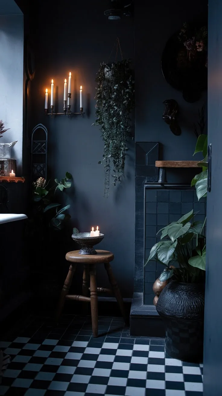 The dark boho bathroom exudes a gothic charm with its vintage elements, checkered flooring, and atmospheric decor, creating an inviting yet mysterious space.