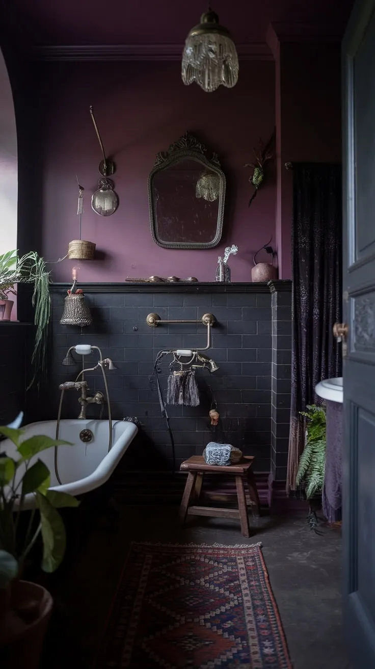The dark boho bathroom features a vintage charm with its deep color palette, antique decor, and lush plants, creating an enchanting goth atmosphere.