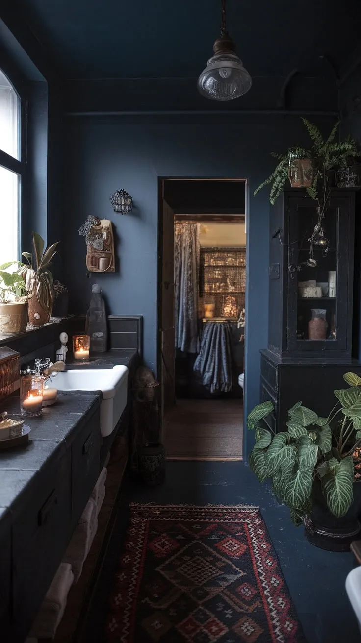 This moody vintage bathroom blends dark boho decor with a dark academia vibe, featuring deep blue walls, a wooden cabinet, and a cozy atmosphere enhanced by plants and candles.