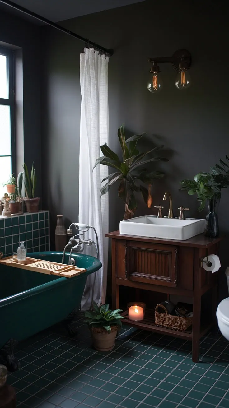 With its dark gray walls, vintage light fixture, and lush potted plants, this moody boho bathroom captures the essence of dark bathrooms in a stylishly inviting way.