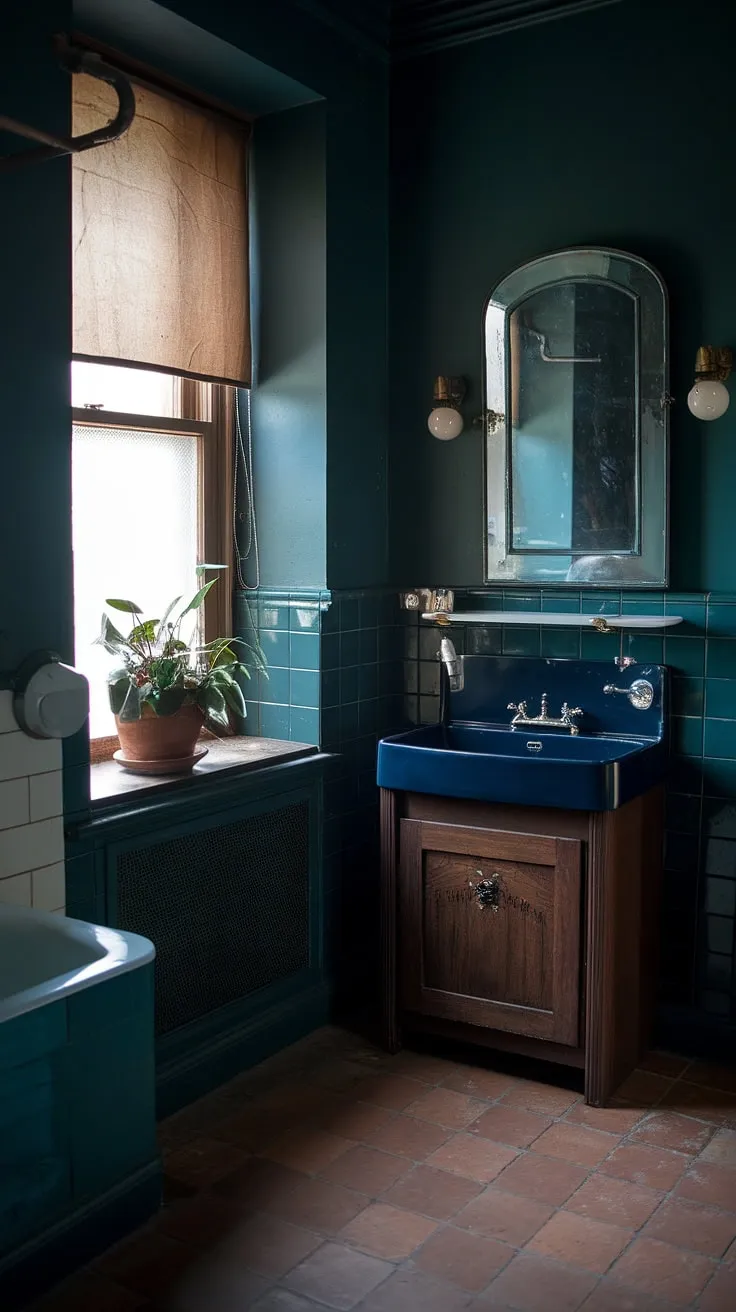 The dark academia bathroom showcases a rich palette of deep greens and blues, complemented by terracotta tiles and soft lighting for a striking moody boho aesthetic.