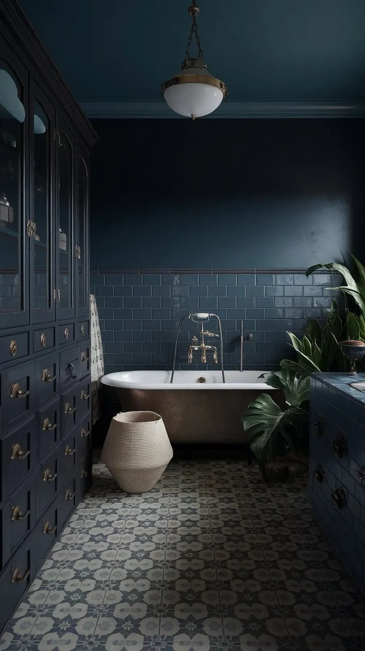 This moody vintage bathroom blends dark boho decor and dark academia elements with a deep blue color scheme, patterned tiles, and vintage accents for a captivating goth atmosphere.