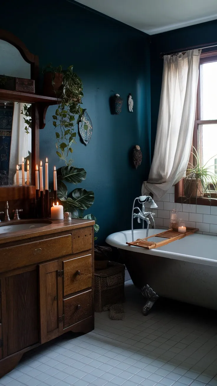 The dark boho bathroom showcases a vintage clawfoot tub and wooden accents, enveloped in deep blue hues and adorned with plants and candles for a striking dark academia vibe.