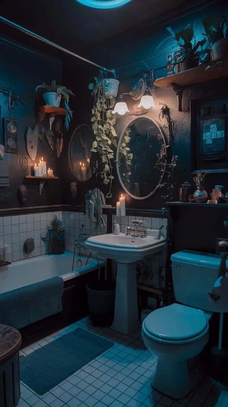 This moody vintage bathroom exudes dark boho charm with its dim lighting, lush plants, and dark academia decor, creating an inviting goth atmosphere.