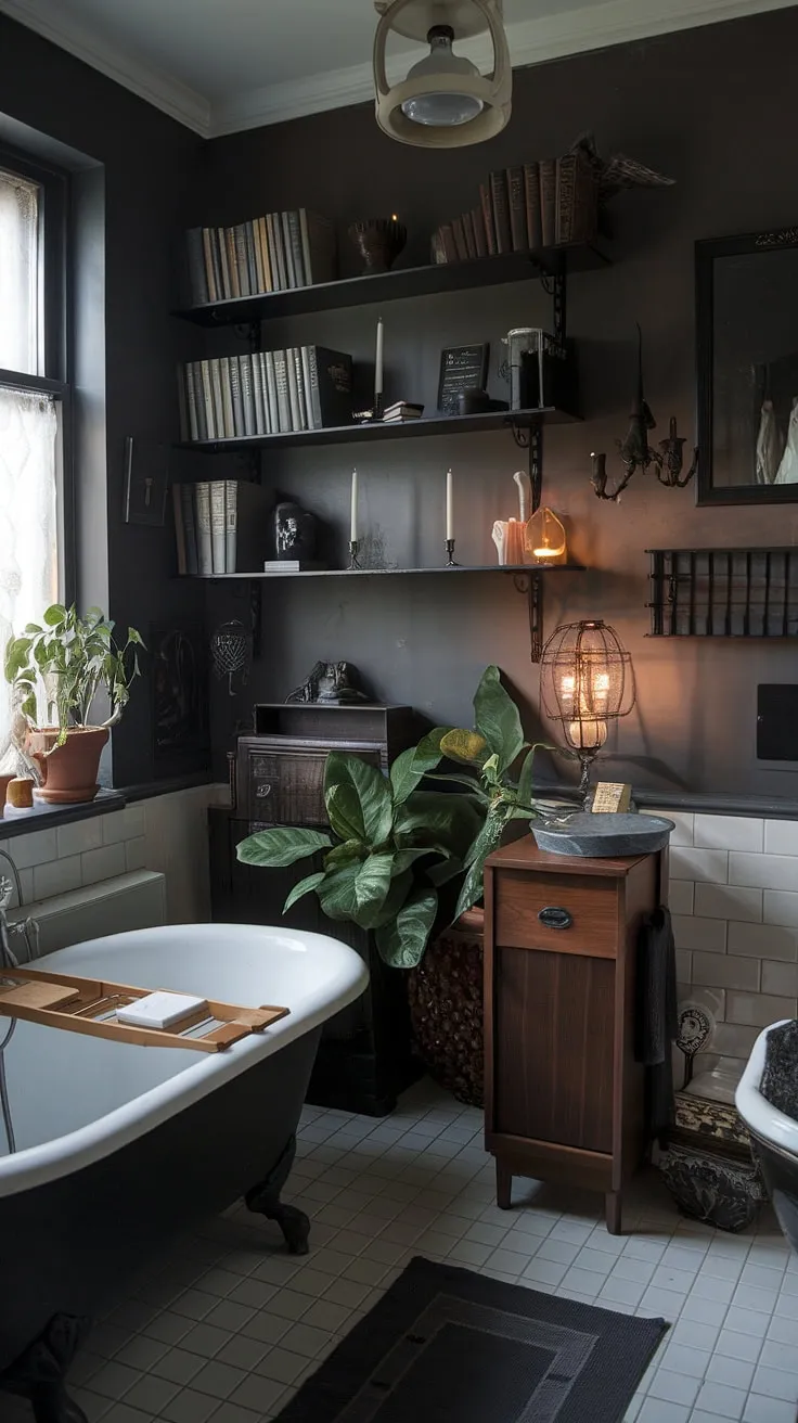 This moody vintage bathroom blends dark boho decor with dark academia and goth elements, featuring a freestanding bathtub, wooden cabinet, and shelves adorned with books and candles.